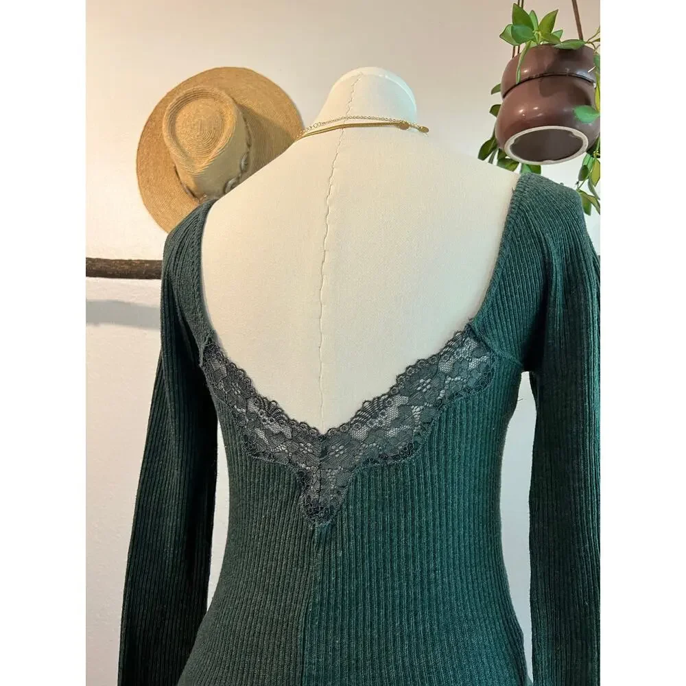 Free People To The West Green Henley Long Sleeve Lace Top Size XS